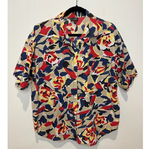 Vintage Lori of California Women's Tropical Floral Abstract Artsy Boxy Shirt - Picture 1 of 3